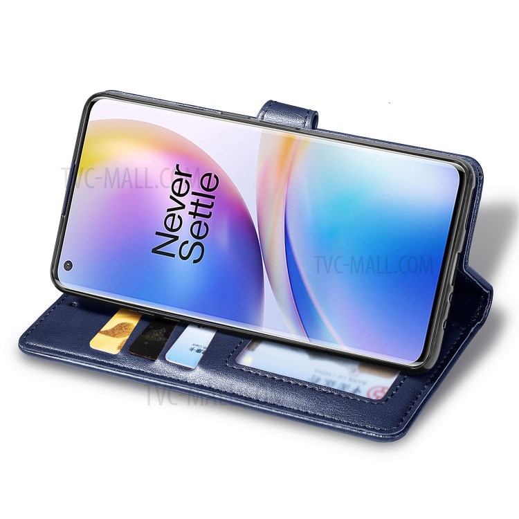 Round Buckle Design Wallet Stand Leather Phone Shell for OnePlus 8 Pro Solid Color Phone Case - Dark Blue-5