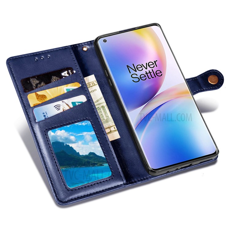 Round Buckle Design Wallet Stand Leather Phone Shell for OnePlus 8 Pro Solid Color Phone Case - Dark Blue-7
