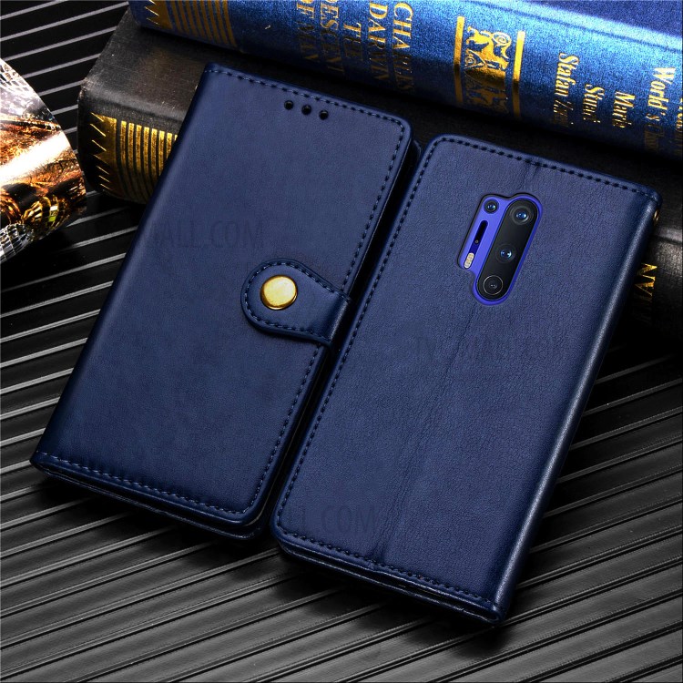 Round Buckle Design Wallet Stand Leather Phone Shell for OnePlus 8 Pro Solid Color Phone Case - Dark Blue-9