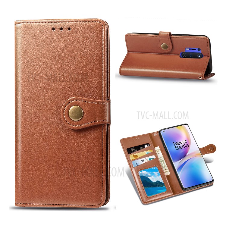 Round Buckle Design Wallet Stand Leather Phone Shell for OnePlus 8 Pro Solid Color Phone Case - Light Brown-1