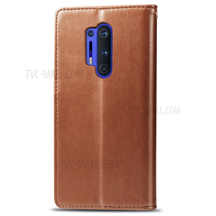 Round Buckle Design Wallet Stand Leather Phone Shell for OnePlus 8 Pro Solid Color Phone Case - Light Brown-3