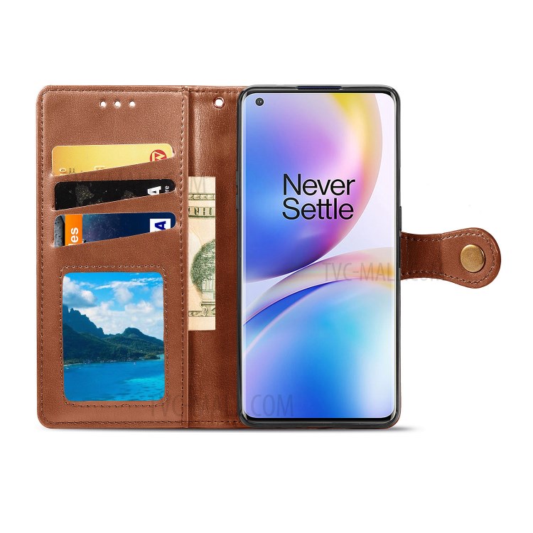 Round Buckle Design Wallet Stand Leather Phone Shell for OnePlus 8 Pro Solid Color Phone Case - Light Brown-4