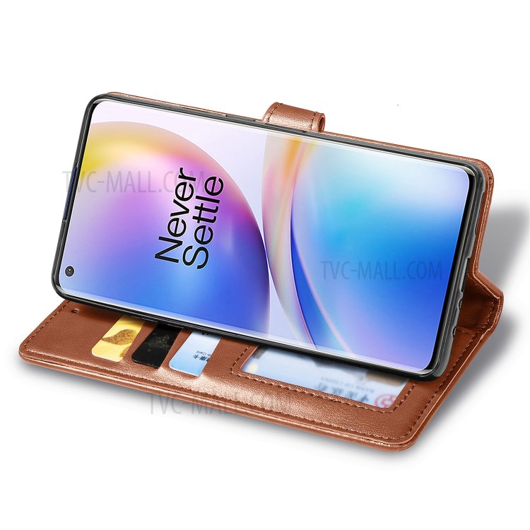 Round Buckle Design Wallet Stand Leather Phone Shell for OnePlus 8 Pro Solid Color Phone Case - Light Brown-5