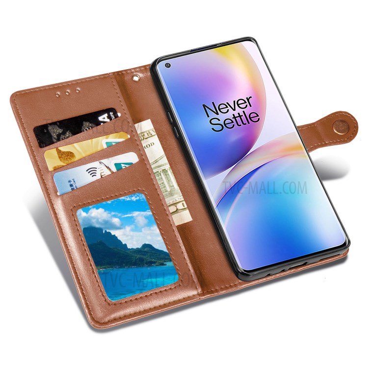 Round Buckle Design Wallet Stand Leather Phone Shell for OnePlus 8 Pro Solid Color Phone Case - Light Brown-7