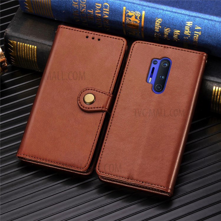 Round Buckle Design Wallet Stand Leather Phone Shell for OnePlus 8 Pro Solid Color Phone Case - Light Brown-9