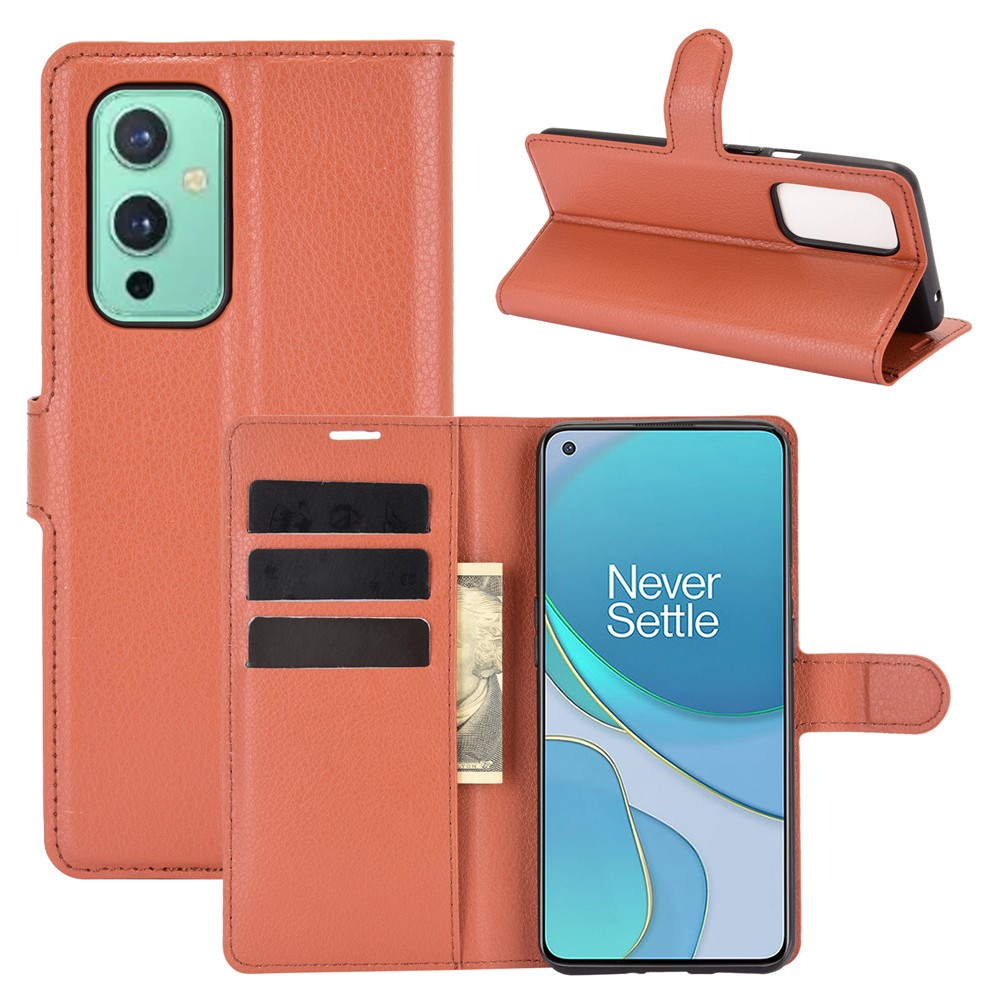 Wallet Design Litchi Textur Leder Telefon Stand Cover Protector Für OnePlus 9 (EU / US Version) - Braun