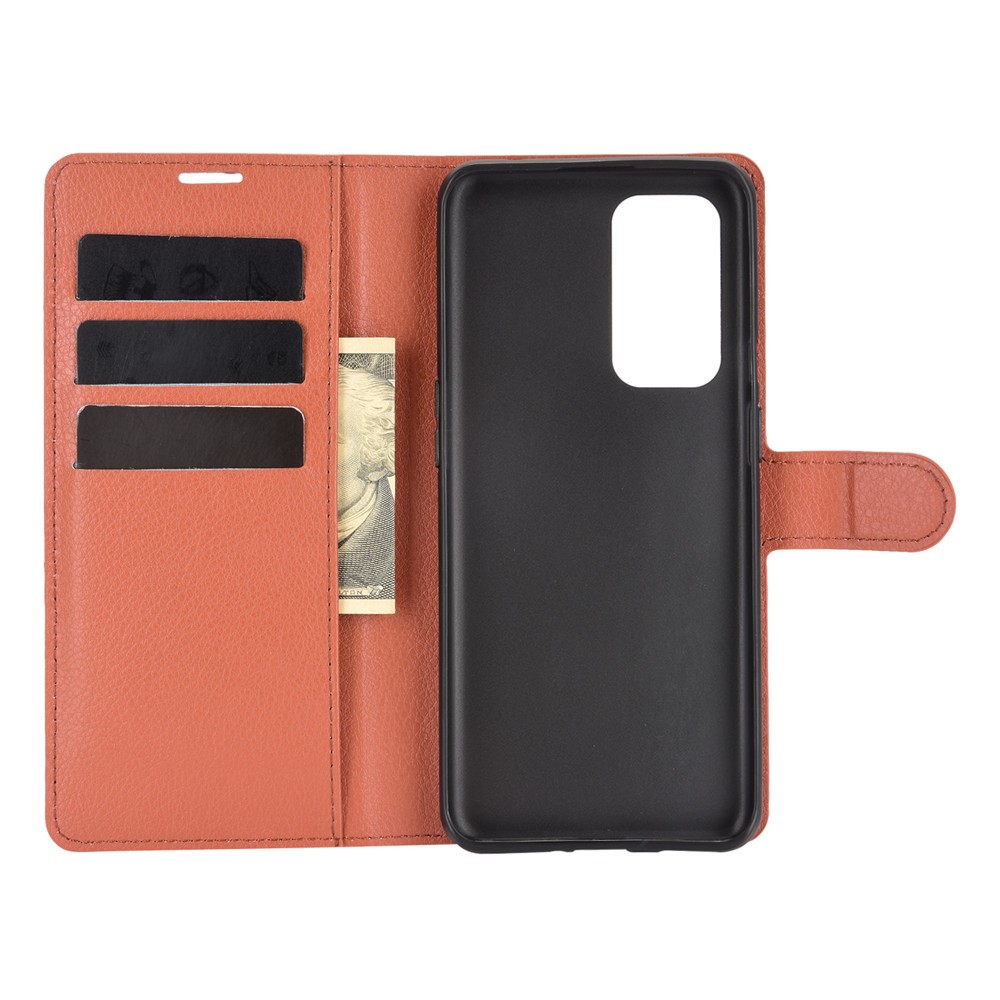 Wallet Design Litchi Textur Leder Telefon Stand Cover Protector Für OnePlus 9 (EU / US Version) - Braun