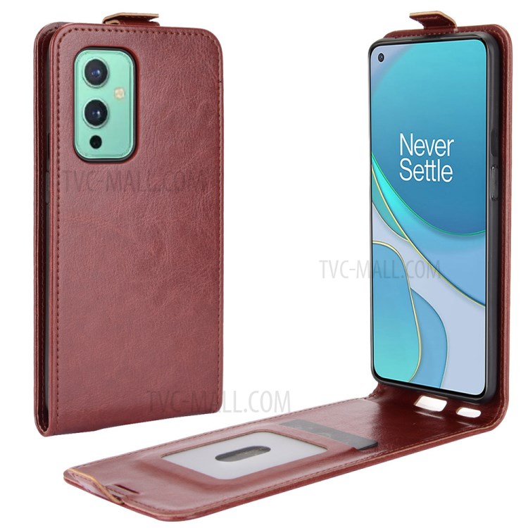 Vertical Flip Design Crazy Horse Texture Leather Case with Card Holder for OnePlus 9 - Brown-1