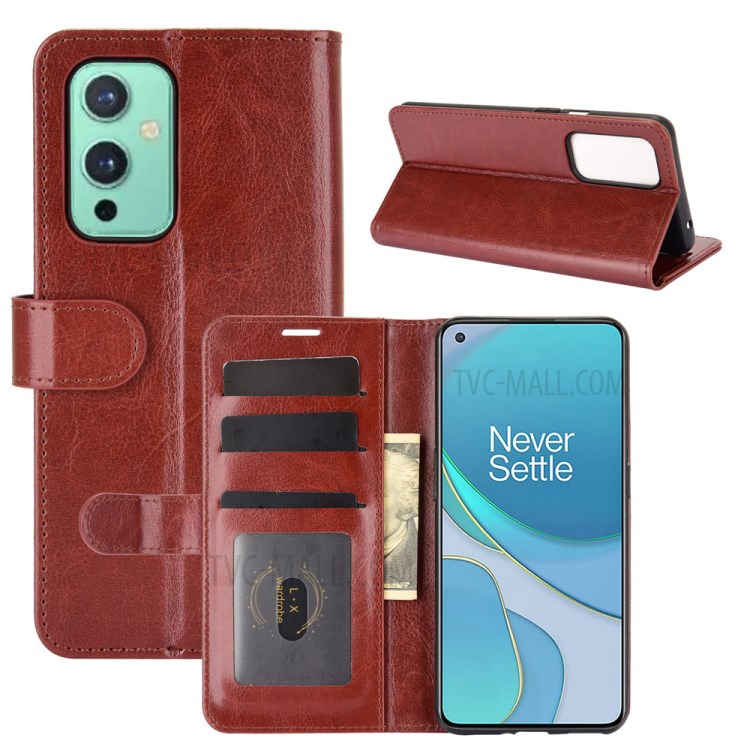 Crazy Horse Texture Leather Cover Stand Case with Wallet Design for OnePlus 9 - Brown-1