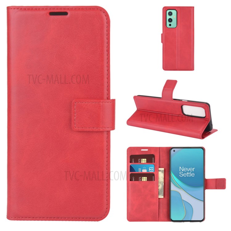 Wallet Design Magnetic Buckle Leather Stand Case for OnePlus 9 Cellphone Cover - Red-1