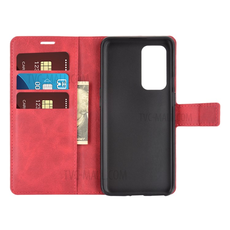 Wallet Design Magnetic Buckle Leather Stand Case for OnePlus 9 Cellphone Cover - Red-3