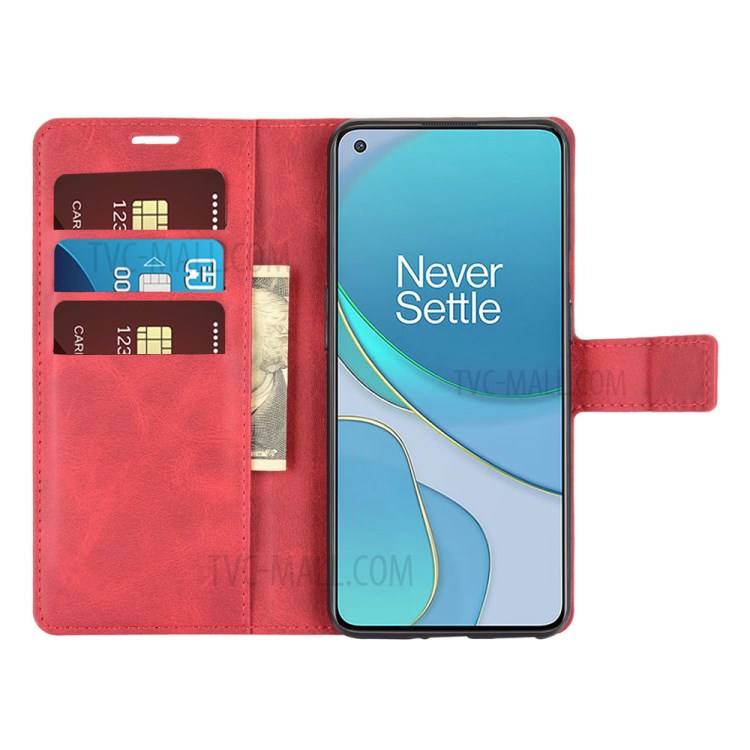 Wallet Design Magnetic Buckle Leather Stand Case for OnePlus 9 Cellphone Cover - Red-4