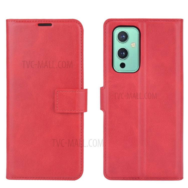 Wallet Design Magnetic Buckle Leather Stand Case for OnePlus 9 Cellphone Cover - Red-6