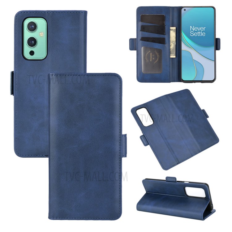 Double Magnetic Clasp Folio Flip Design Leather Wallet Case Stand for OnePlus 9 - Blue-1