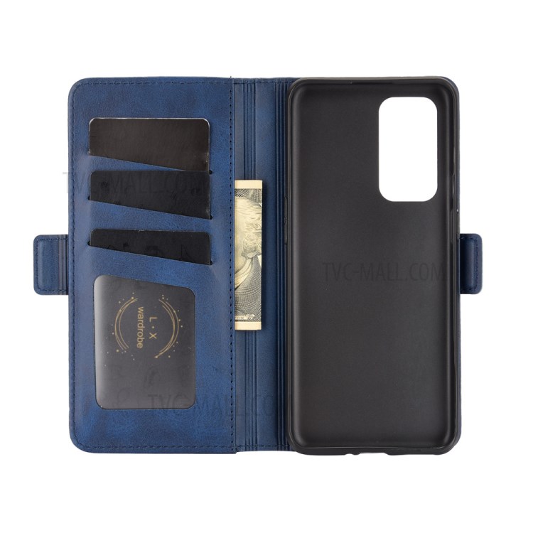 Double Magnetic Clasp Folio Flip Design Leather Wallet Case Stand for OnePlus 9 - Blue-2