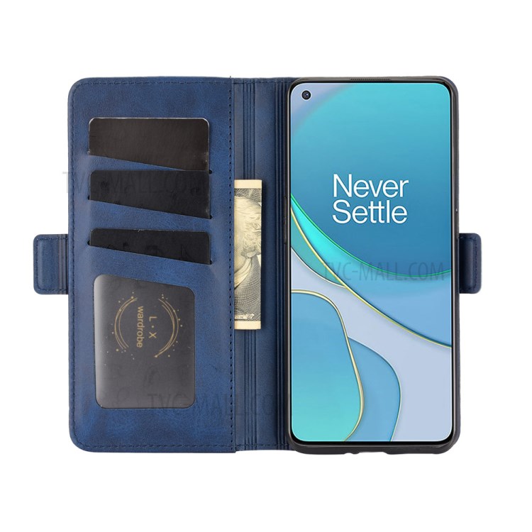 Double Magnetic Clasp Folio Flip Design Leather Wallet Case Stand for OnePlus 9 - Blue-3