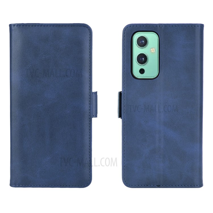 Double Magnetic Clasp Folio Flip Design Leather Wallet Case Stand for OnePlus 9 - Blue-5