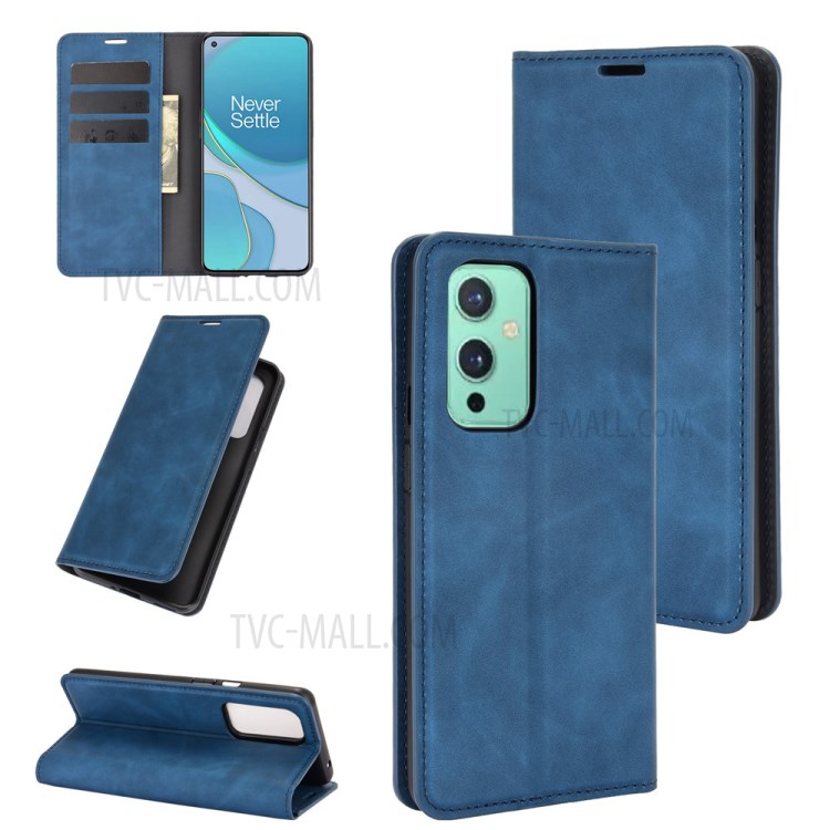 Auto-absorbed Wallet Stand Design Soft-Touch Feeling Leather Cover for OnePlus 9 - Blue-1
