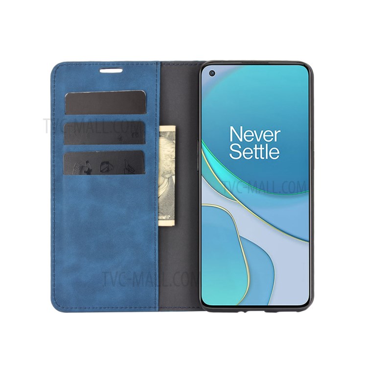 Auto-absorbed Wallet Stand Design Soft-Touch Feeling Leather Cover for OnePlus 9 - Blue-3