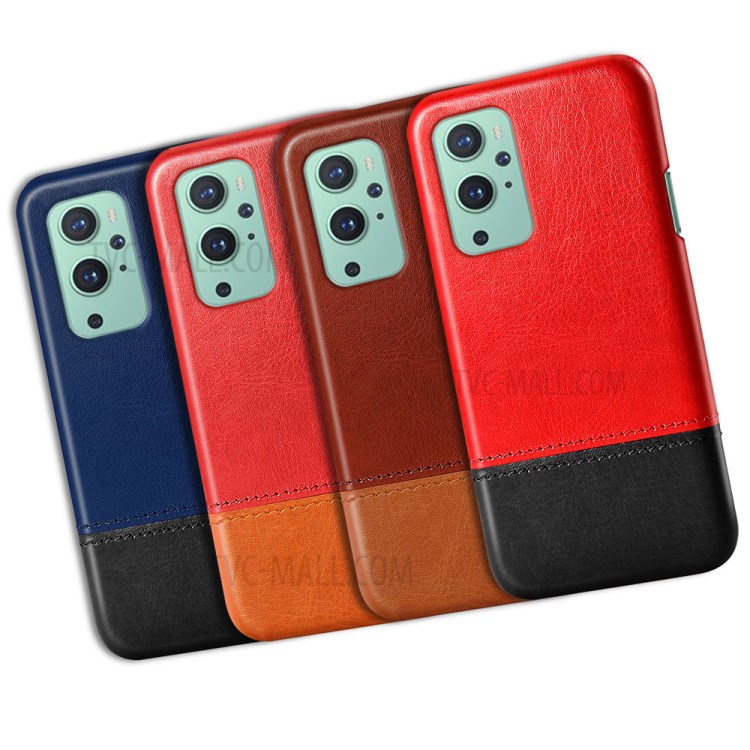 KSQ Fashionable Bi-color Splicing PU Leather Coated PC Cover for OnePlus 9 (EU / US Version) - Black/Wine Red-7