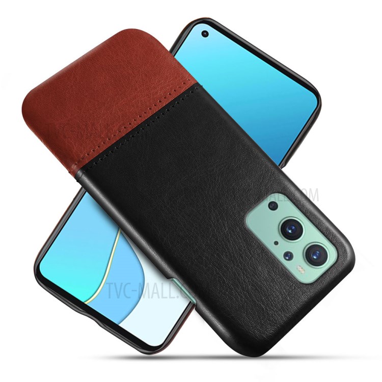 KSQ Bi-color Splicing Design PU Leather Coated PC Cover for OnePlus 9 Pro - Black/Brown-1