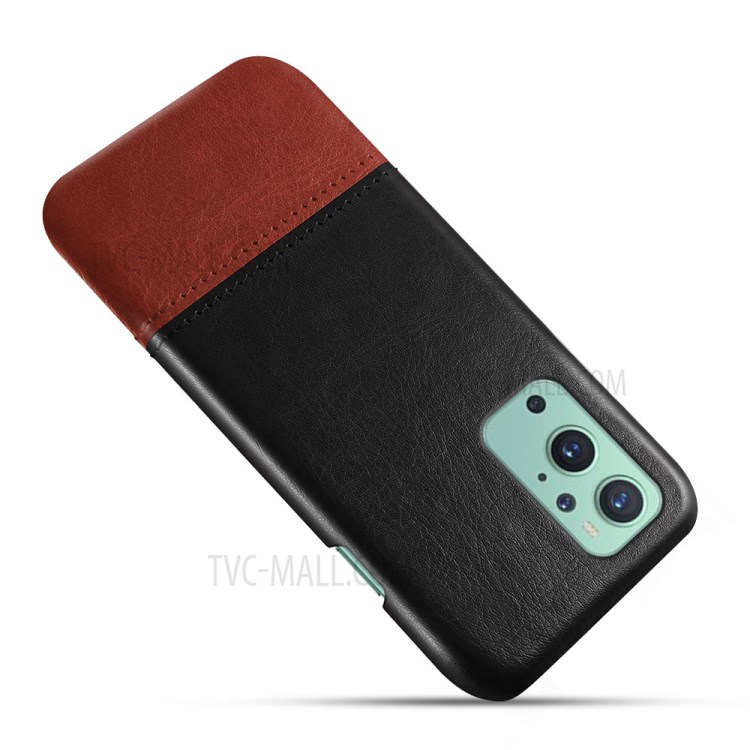 KSQ Bi-color Splicing Design PU Leather Coated PC Cover for OnePlus 9 Pro - Black/Brown-3