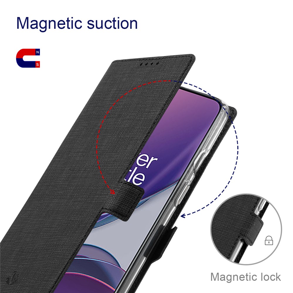 VILI DMK Series Double Magnetic Clasp Cross Texture Leather Wallet Stand Cover Case for OnePlus 9 Pro - Black-2