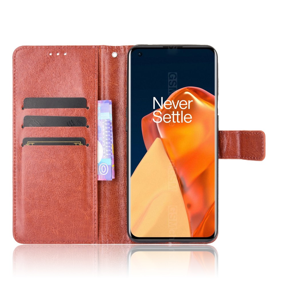 Crazy Horse Texture Wallet Design PU Leather Stand Protector Cover for OnePlus 9 Pro - Brown-3