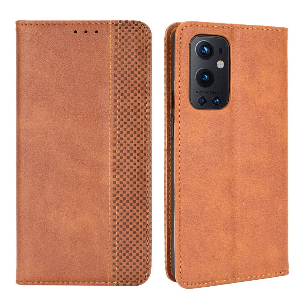 Magnetic Clasp Vintage Style TPU + Leather Phone Case Wallet Stand for OnePlus 9 Pro - Brown-1