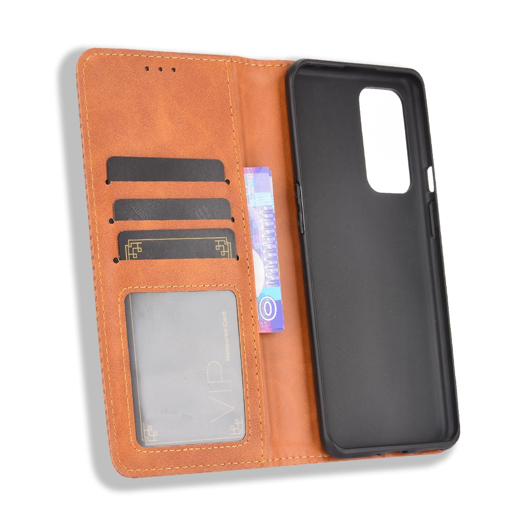 Magnetic Clasp Vintage Style TPU + Leather Phone Case Wallet Stand for OnePlus 9 Pro - Brown-2