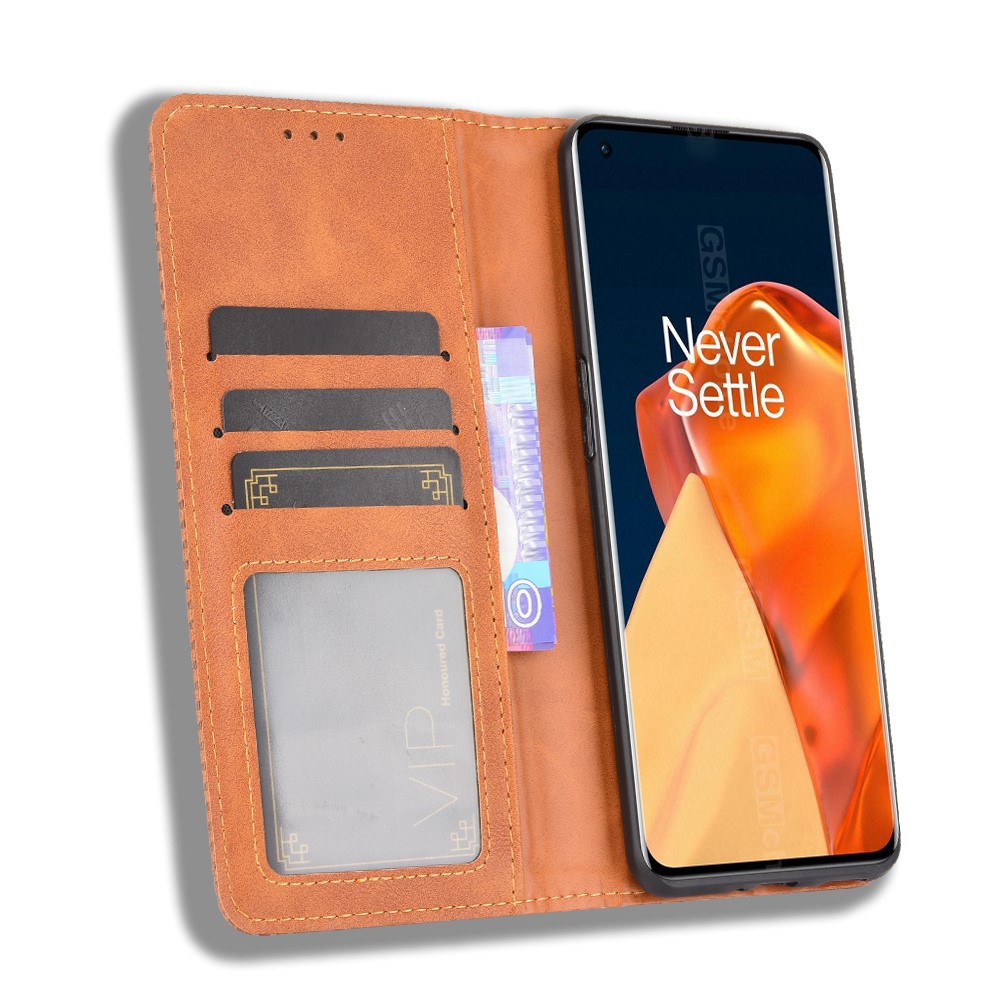 Magnetic Clasp Vintage Style TPU + Leather Phone Case Wallet Stand for OnePlus 9 Pro - Brown-3
