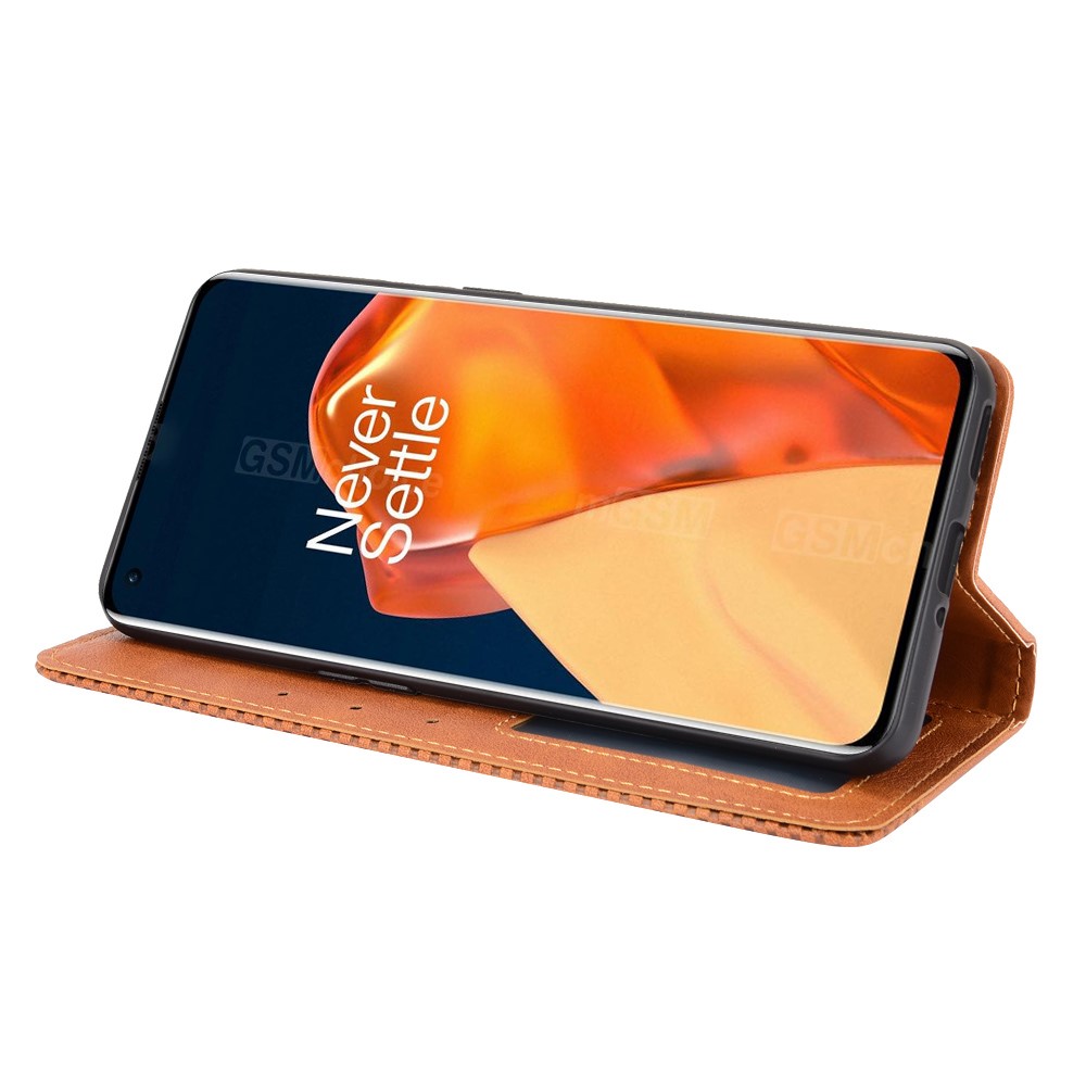 Magnetic Clasp Vintage Style TPU + Leather Phone Case Wallet Stand for OnePlus 9 Pro - Brown-4