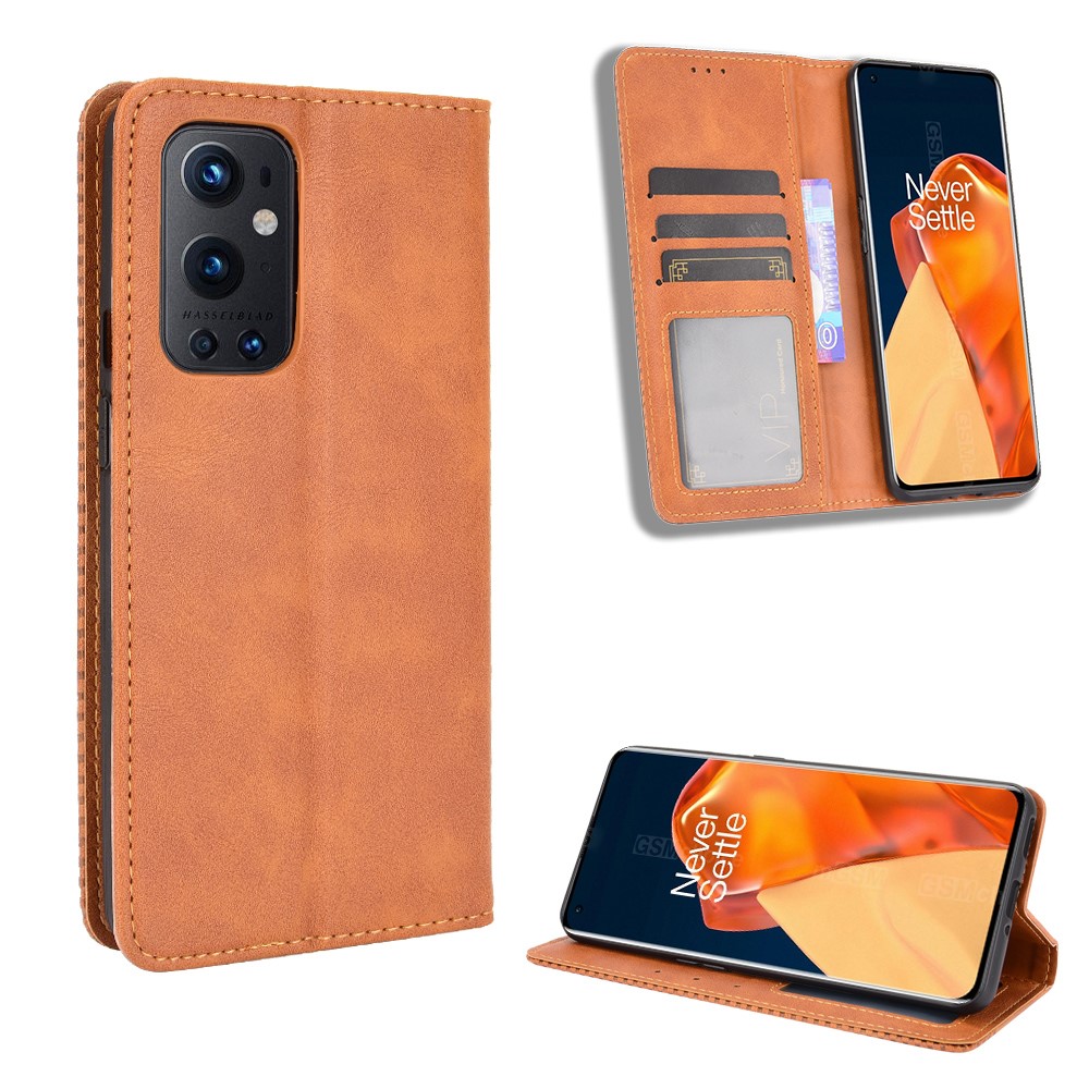 Magnetic Clasp Vintage Style TPU + Leather Phone Case Wallet Stand for OnePlus 9 Pro - Brown-5
