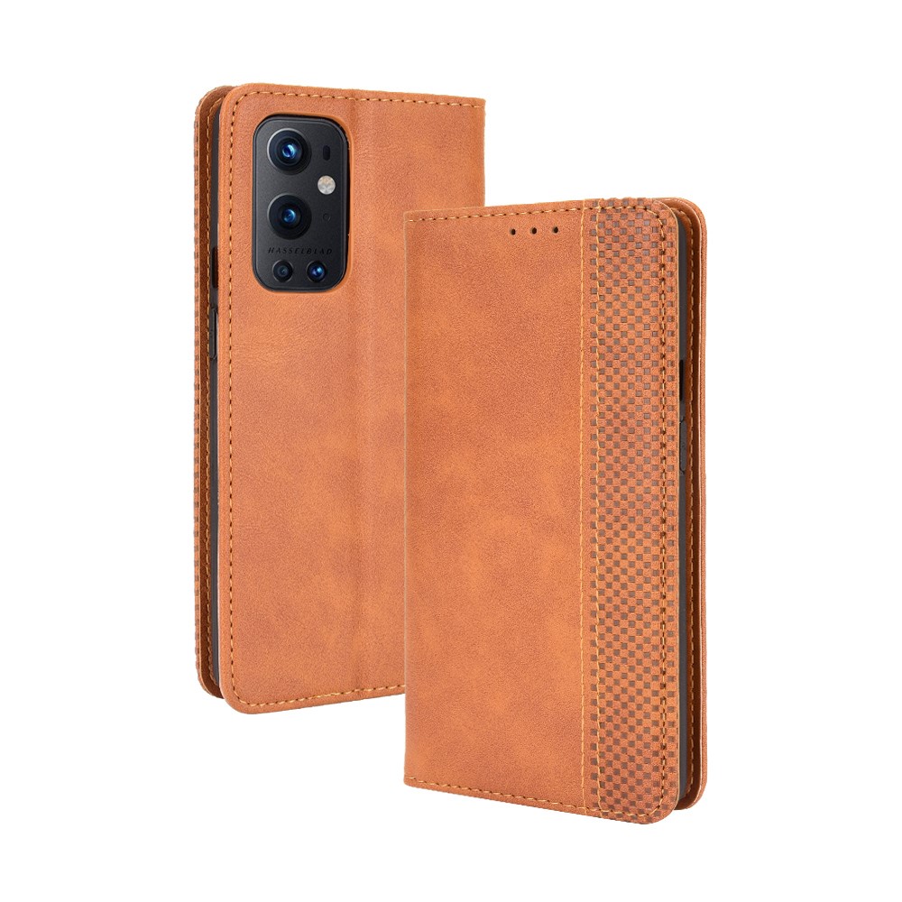 Magnetic Clasp Vintage Style TPU + Leather Phone Case Wallet Stand for OnePlus 9 Pro - Brown-6