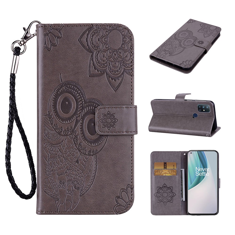 Imprint Owl Flower Leather Protector for OnePlus Nord N10 5G Shell Stand Cover - Grey-2