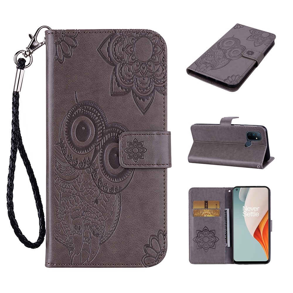Imprint Owl Flower Leather Protector for OnePlus Nord N100 Shell Stand Cover - Grey-2