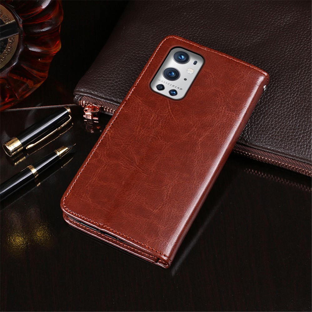 IDEWEI Folio Flip Crazy Horse Texture Leather Mobile Casing with Wallet Stand for OnePlus 9 Pro - Brown-2