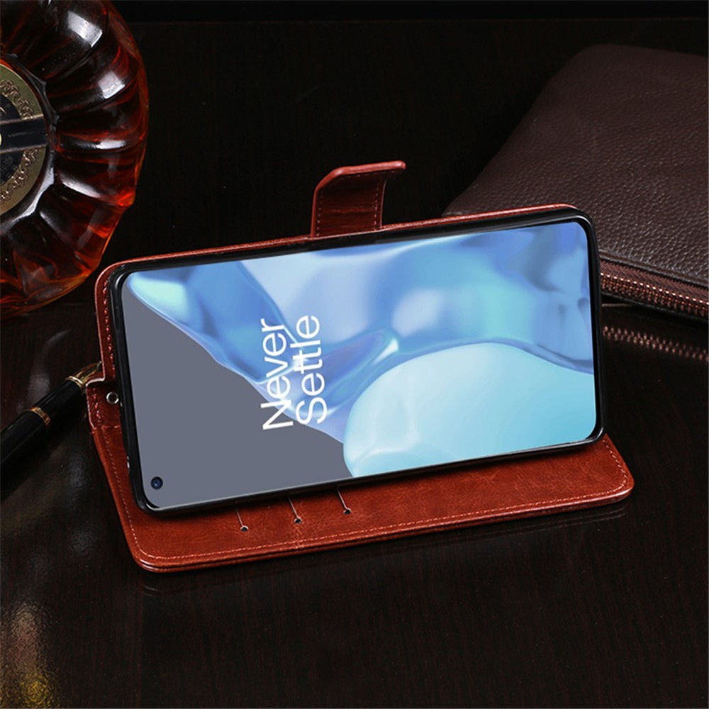 IDEWEI Folio Flip Crazy Horse Texture Leather Mobile Casing with Wallet Stand for OnePlus 9 Pro - Brown-4