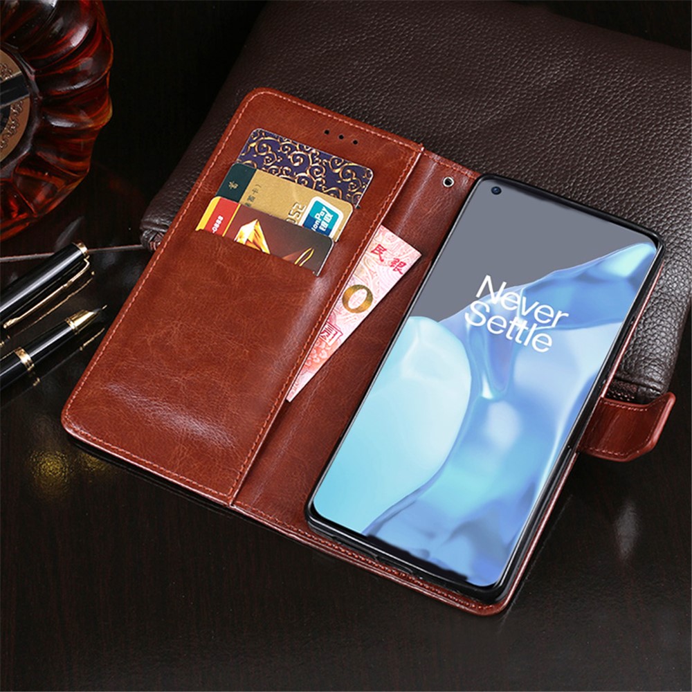 IDEWEI Folio Flip Crazy Horse Texture Leather Mobile Casing with Wallet Stand for OnePlus 9 Pro - Brown-5