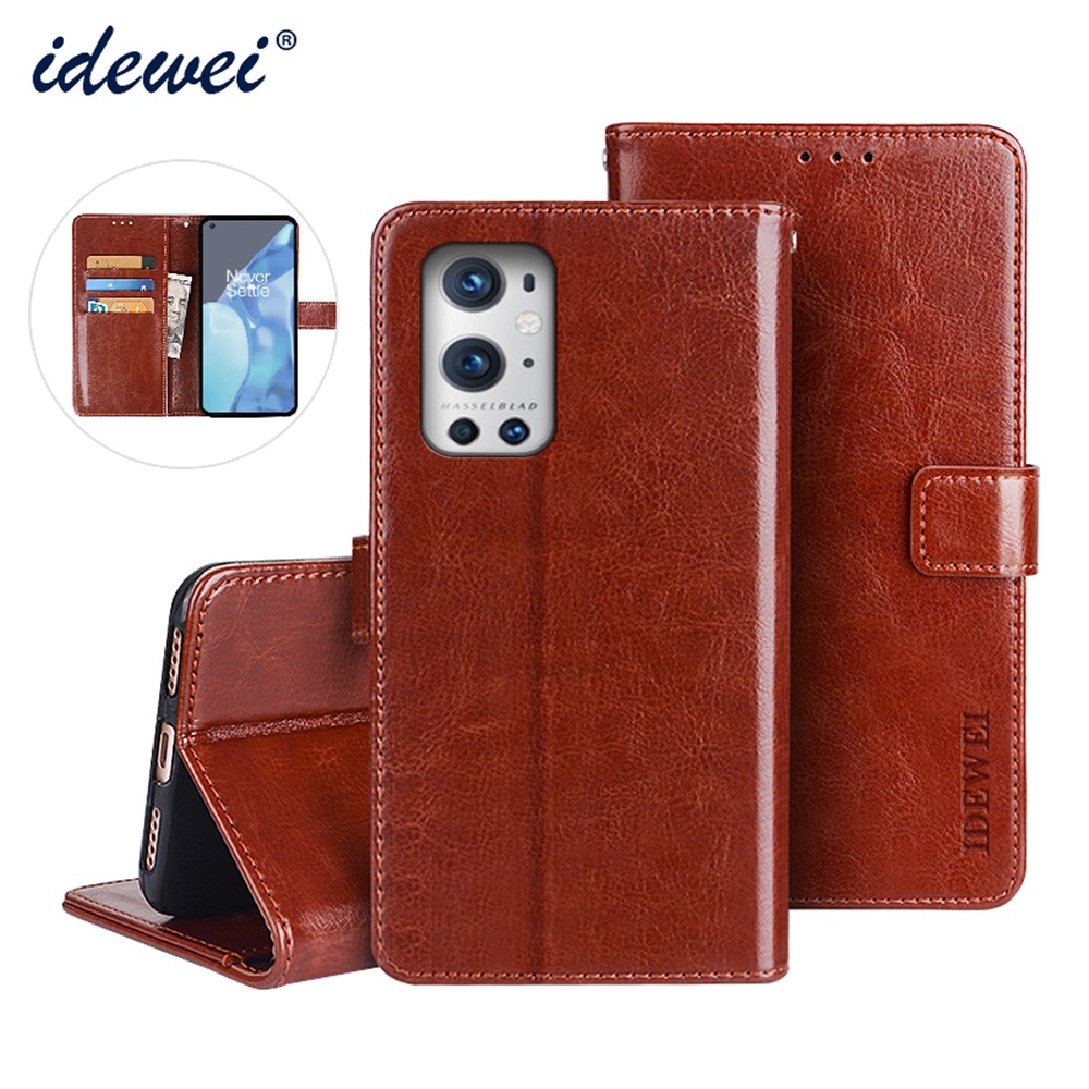 IDEWEI Folio Flip Crazy Horse Texture Leather Mobile Casing with Wallet Stand for OnePlus 9 Pro - Brown-8