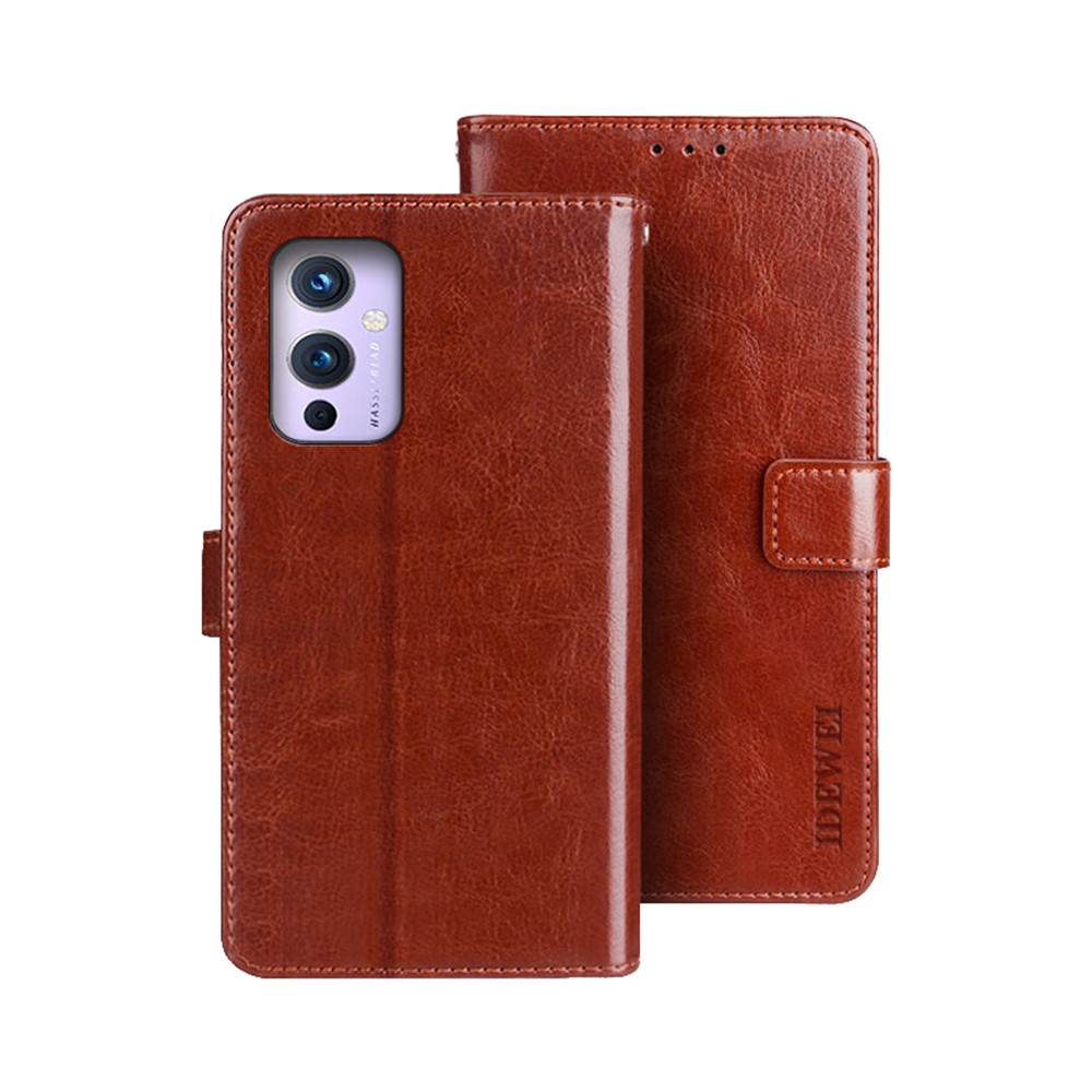 IDEWEI Folio Flip Crazy Horse Texture Leather Mobile Casing with Wallet Stand for OnePlus 9 (EU / US Version) - Brown-1
