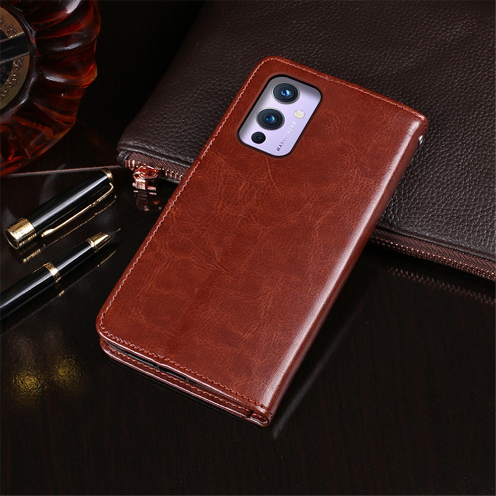 IDEWEI Folio Flip Crazy Horse Texture Leather Mobile Casing with Wallet Stand for OnePlus 9 (EU / US Version) - Brown-2