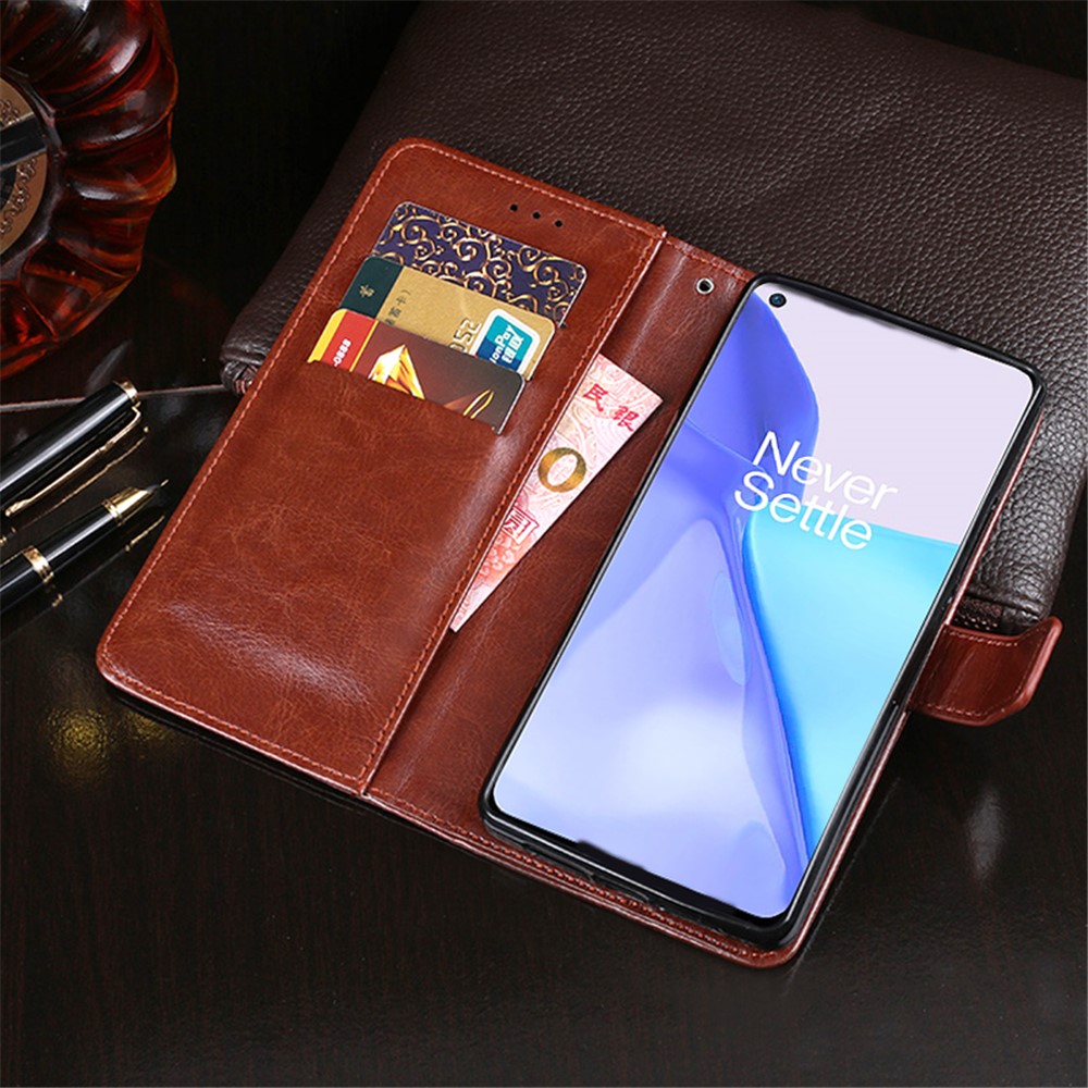 IDEWEI Folio Flip Crazy Horse Texture Leather Mobile Casing with Wallet Stand for OnePlus 9 (EU / US Version) - Brown-5
