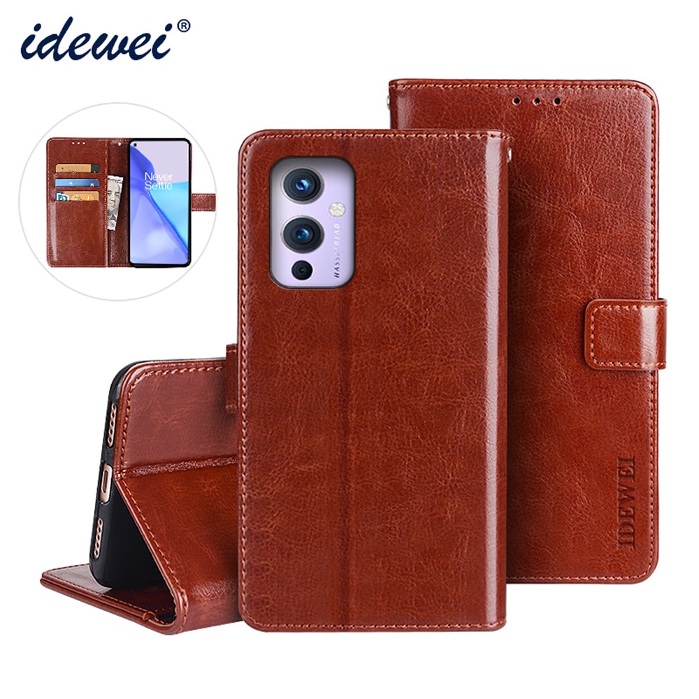 IDEWEI Folio Flip Crazy Horse Texture Leather Mobile Casing with Wallet Stand for OnePlus 9 (EU / US Version) - Brown-8