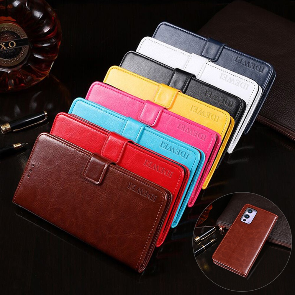 IDEWEI Folio Flip Crazy Horse Texture Leather Mobile Casing with Wallet Stand for OnePlus 9 (EU / US Version) - Yellow-6