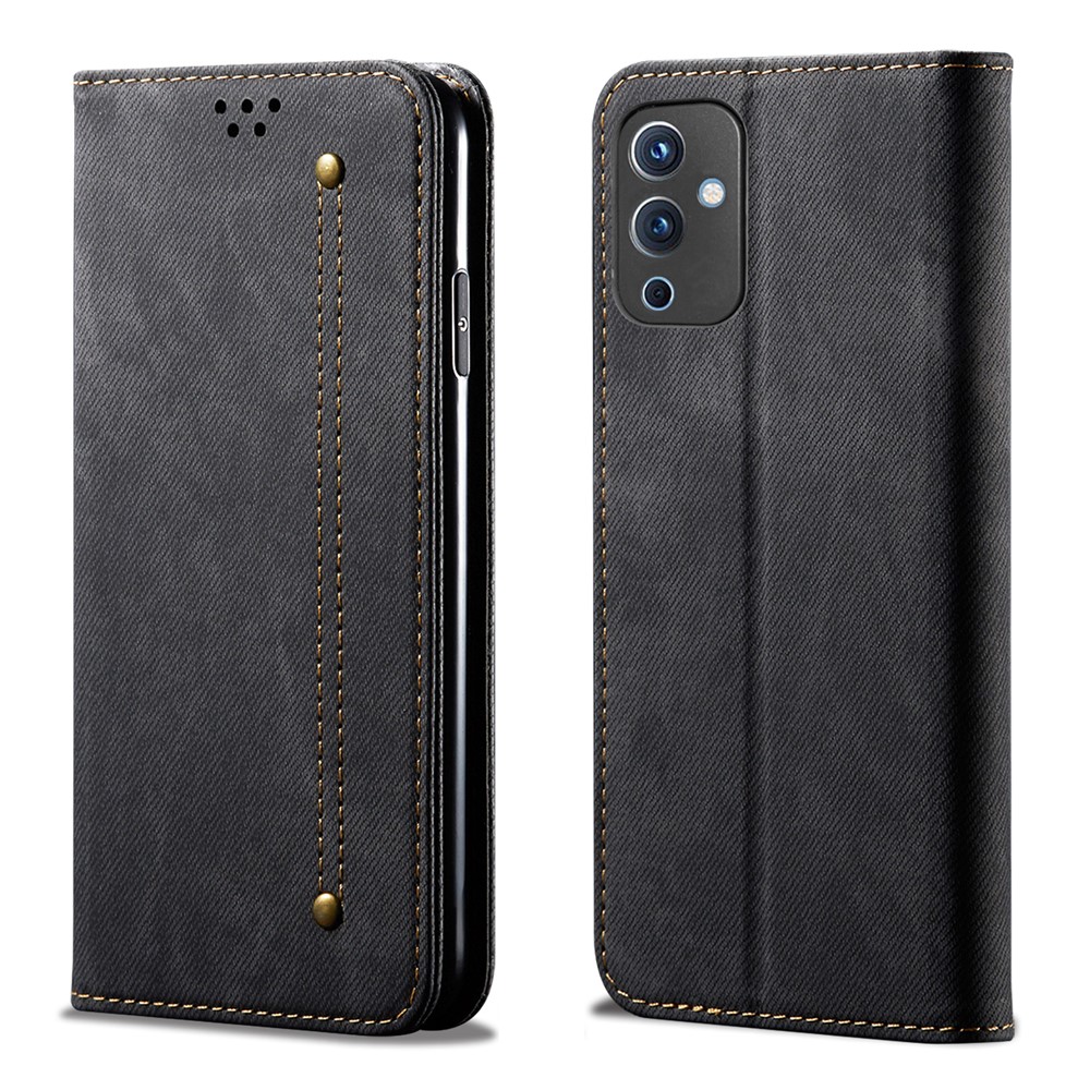 Jeans Cloth Texture Leather Wallet Stand Case for OnePlus 9 (IN / CN Version) - Black-1