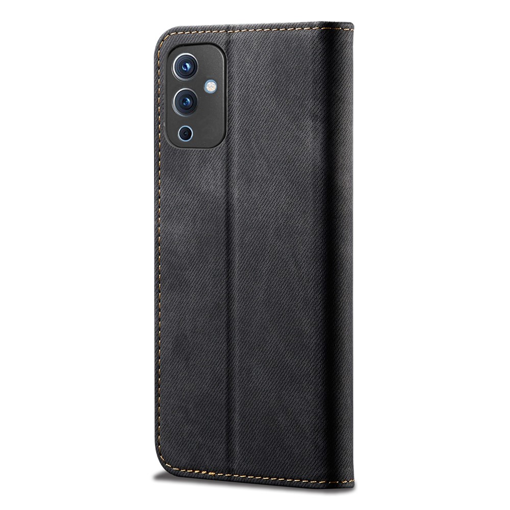 Jeans Cloth Texture Leather Wallet Stand Case for OnePlus 9 (IN / CN Version) - Black-3