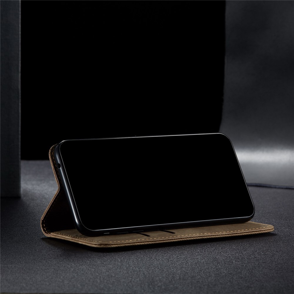 Jeans Cloth Texture Leather Wallet Stand Case for OnePlus 9 Pro - Coffee-4