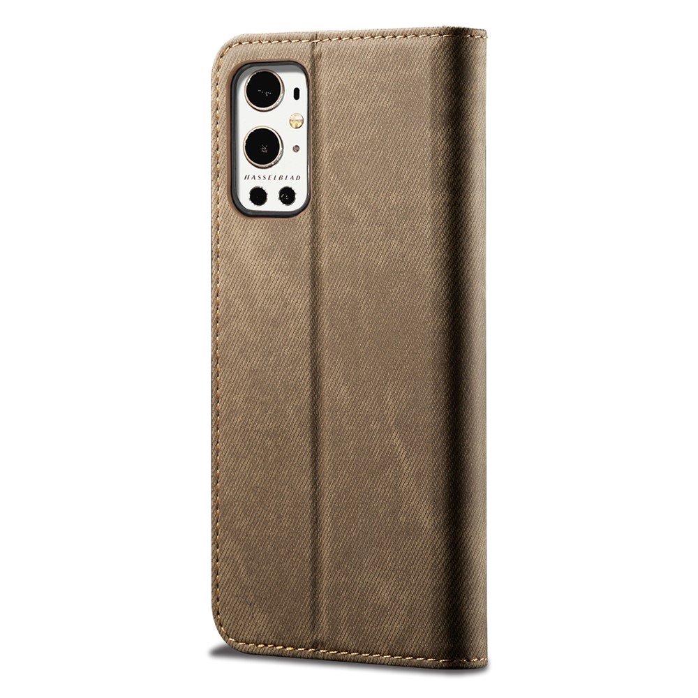 Jeans Cloth Texture Leather Wallet Stand Case for OnePlus 9 Pro - Coffee-6