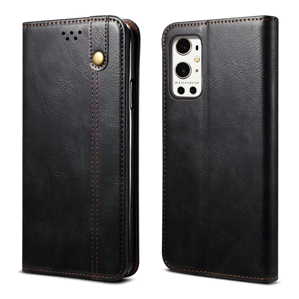 Oil Wax Surface PU Leather+TPU Wallet Stand Phone Cover for OnePlus 9 Pro - Black-1